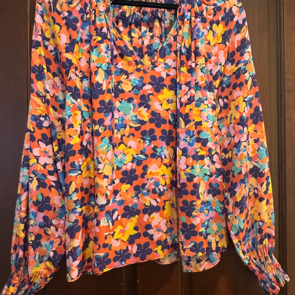 Caballero Vibrant Orange and Blue Ruffled Long Sleeve Blouse
